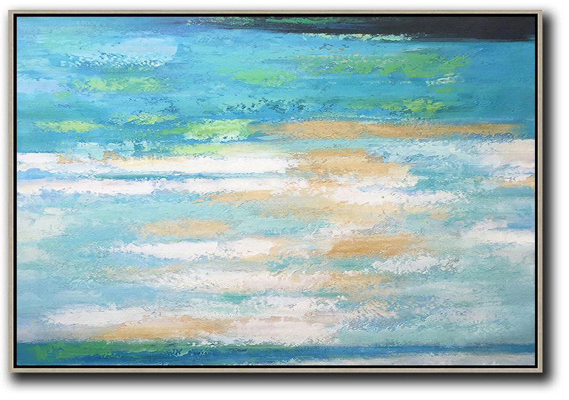 Large Modern Abstract Painting,Oversized Horizontal Abstract Landscape Art,Modern Art Blue,Earthy Yellow,White